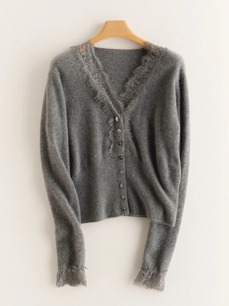 Léonie Cardigan 100 % cachemire avec dentelle pour l’automne et l’hiver - Hommfer