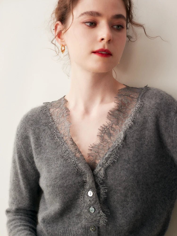 Léonie Cardigan 100 % cachemire avec dentelle pour l’automne et l’hiver - Hommfer