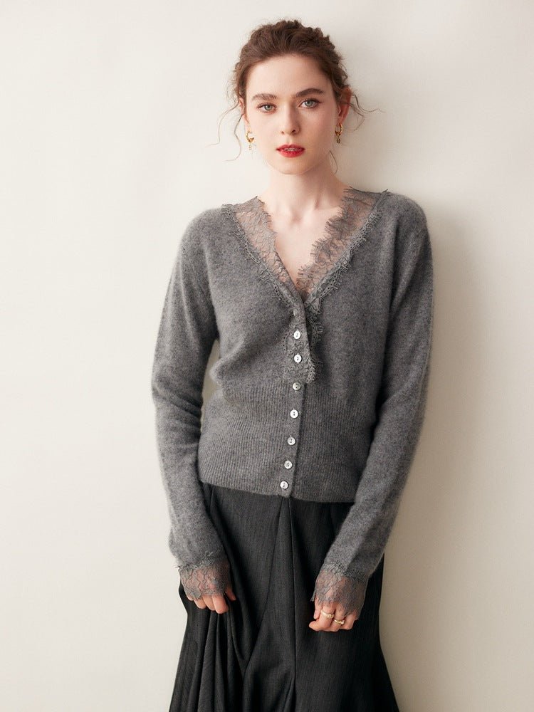 Léonie Cardigan 100 % cachemire avec dentelle pour l’automne et l’hiver - Hommfer