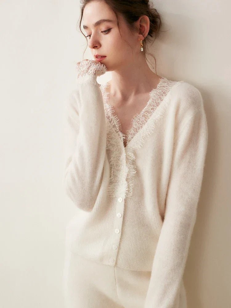 Léonie Cardigan 100 % cachemire avec dentelle pour l’automne et l’hiver - Hommfer