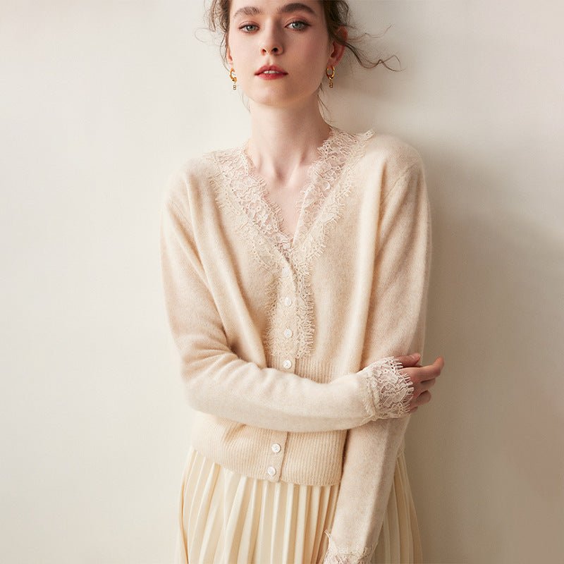Léonie Cardigan 100 % cachemire avec dentelle pour l’automne et l’hiver - Hommfer