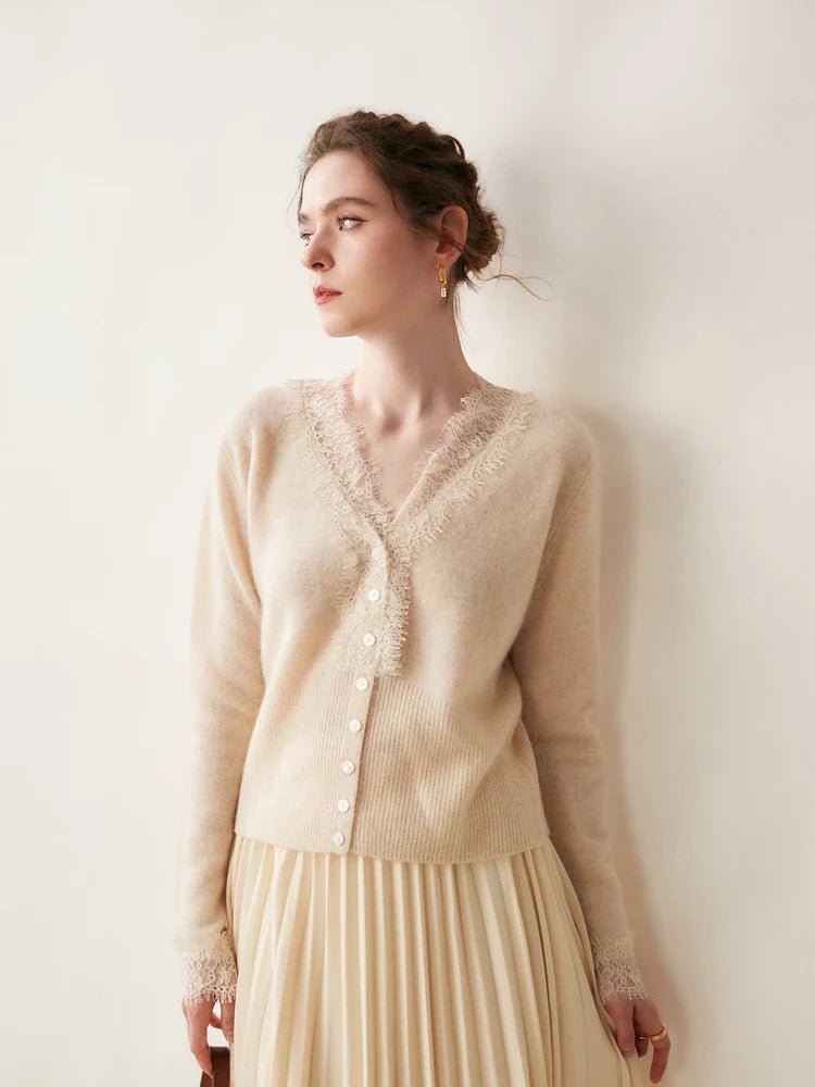 Léonie Cardigan 100 % cachemire avec dentelle pour l’automne et l’hiver - Hommfer