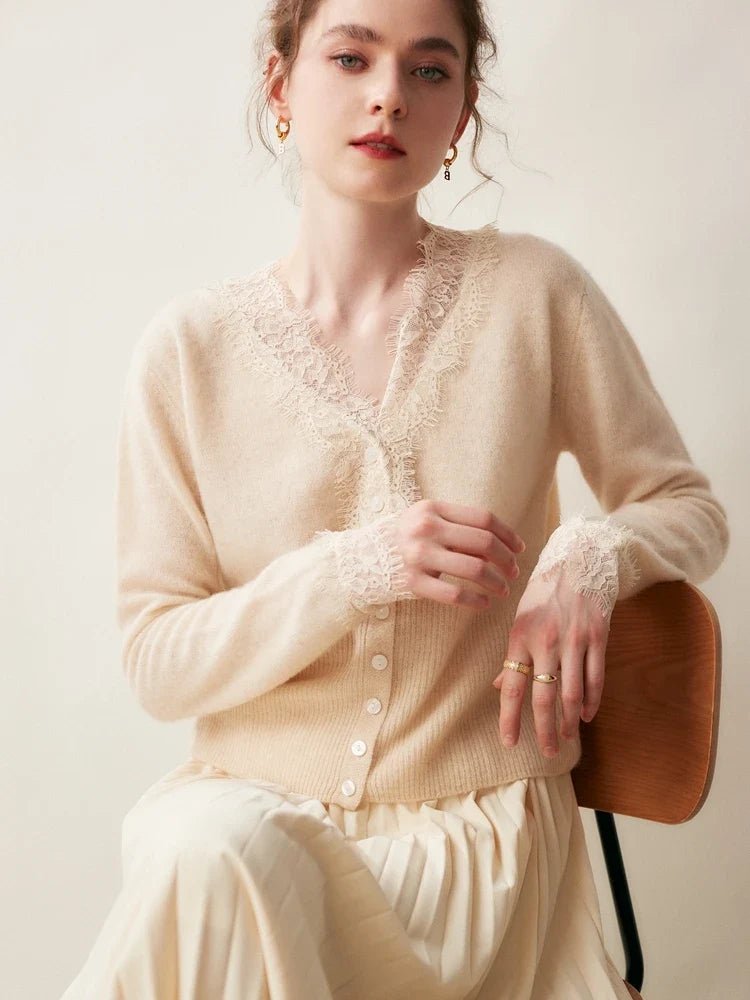Léonie Cardigan 100 % cachemire avec dentelle pour l’automne et l’hiver - Hommfer