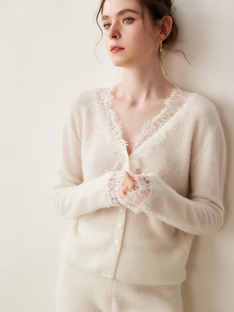Léonie Cardigan 100 % cachemire avec dentelle pour l’automne et l’hiver - Hommfer