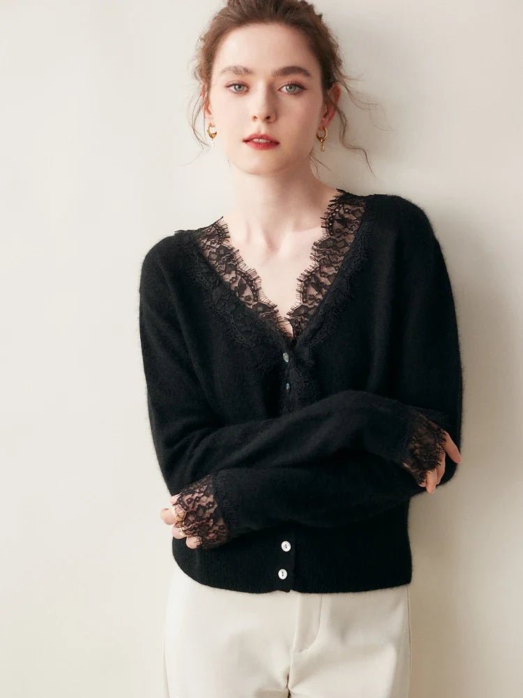 Léonie Cardigan 100 % cachemire avec dentelle pour l’automne et l’hiver - Hommfer