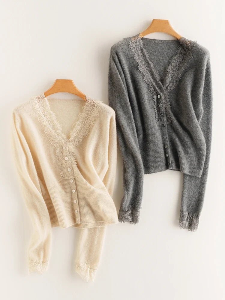 Léonie Cardigan 100 % cachemire avec dentelle pour l’automne et l’hiver - Hommfer