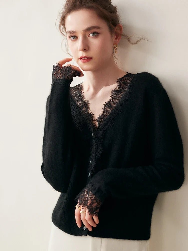 Léonie Cardigan 100 % cachemire avec dentelle pour l’automne et l’hiver - Hommfer