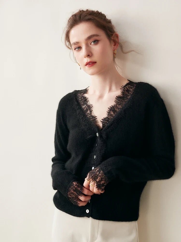 Léonie Cardigan 100 % cachemire avec dentelle pour l’automne et l’hiver - Hommfer