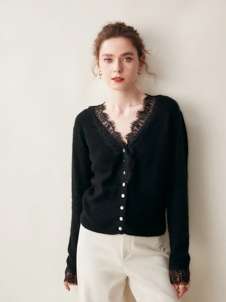 Léonie Cardigan 100 % cachemire avec dentelle pour l’automne et l’hiver - Hommfer