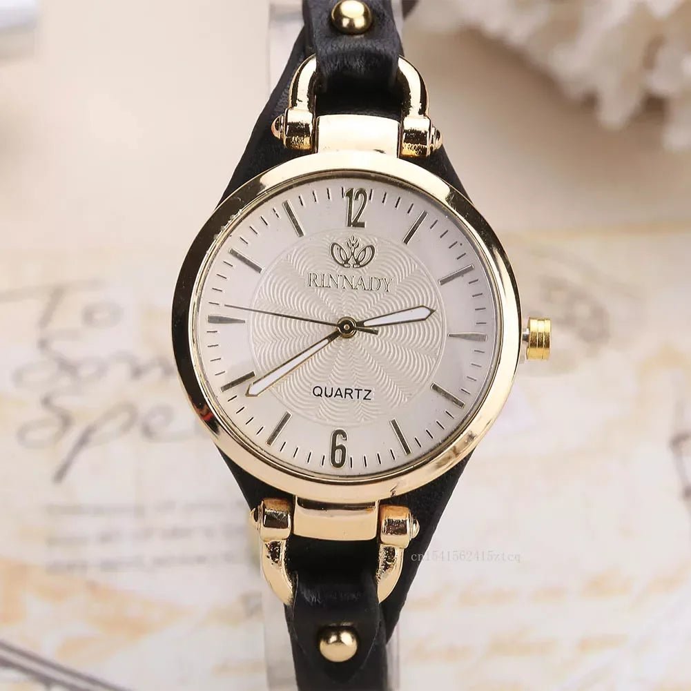 Liora Watch with Gold-Tone Case, Textured Dial and Slim Vegan Leather Strap, Japanese Quartz Movement - Hommfer