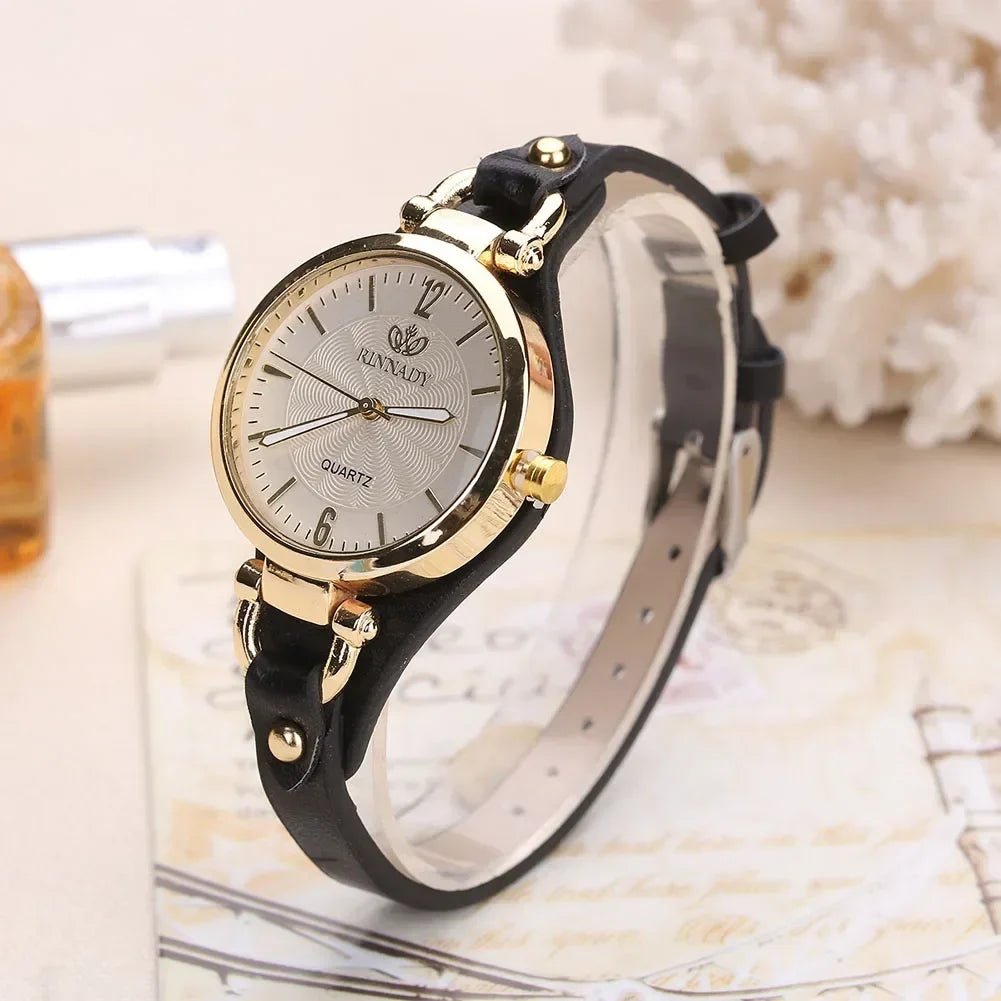 Liora Watch with Gold-Tone Case, Textured Dial and Slim Vegan Leather Strap, Japanese Quartz Movement - Hommfer