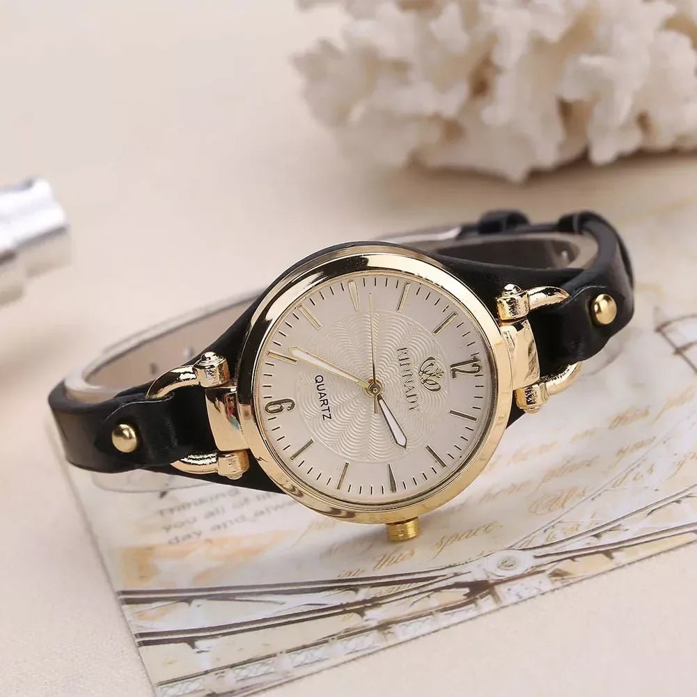 Liora Watch with Gold-Tone Case, Textured Dial and Slim Vegan Leather Strap, Japanese Quartz Movement - Hommfer