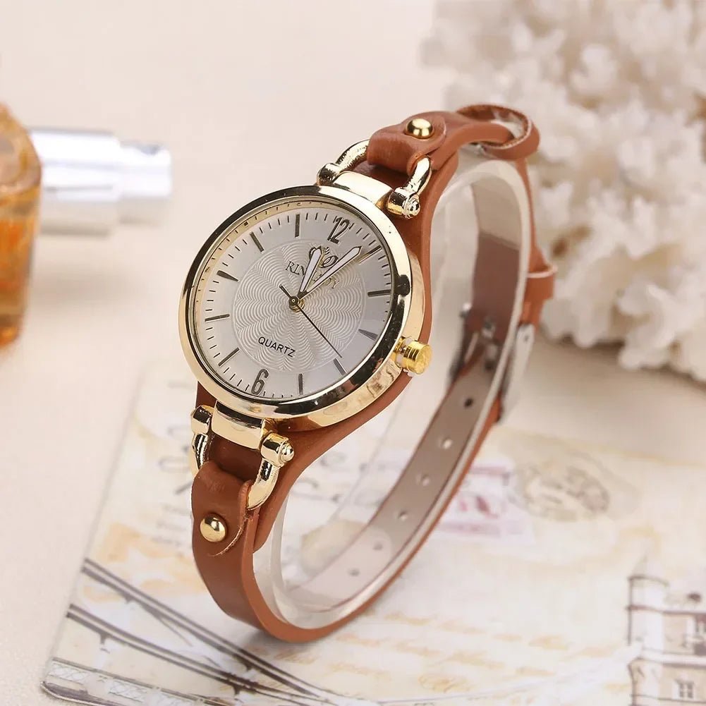 Liora Watch with Gold-Tone Case, Textured Dial and Slim Vegan Leather Strap, Japanese Quartz Movement - Hommfer