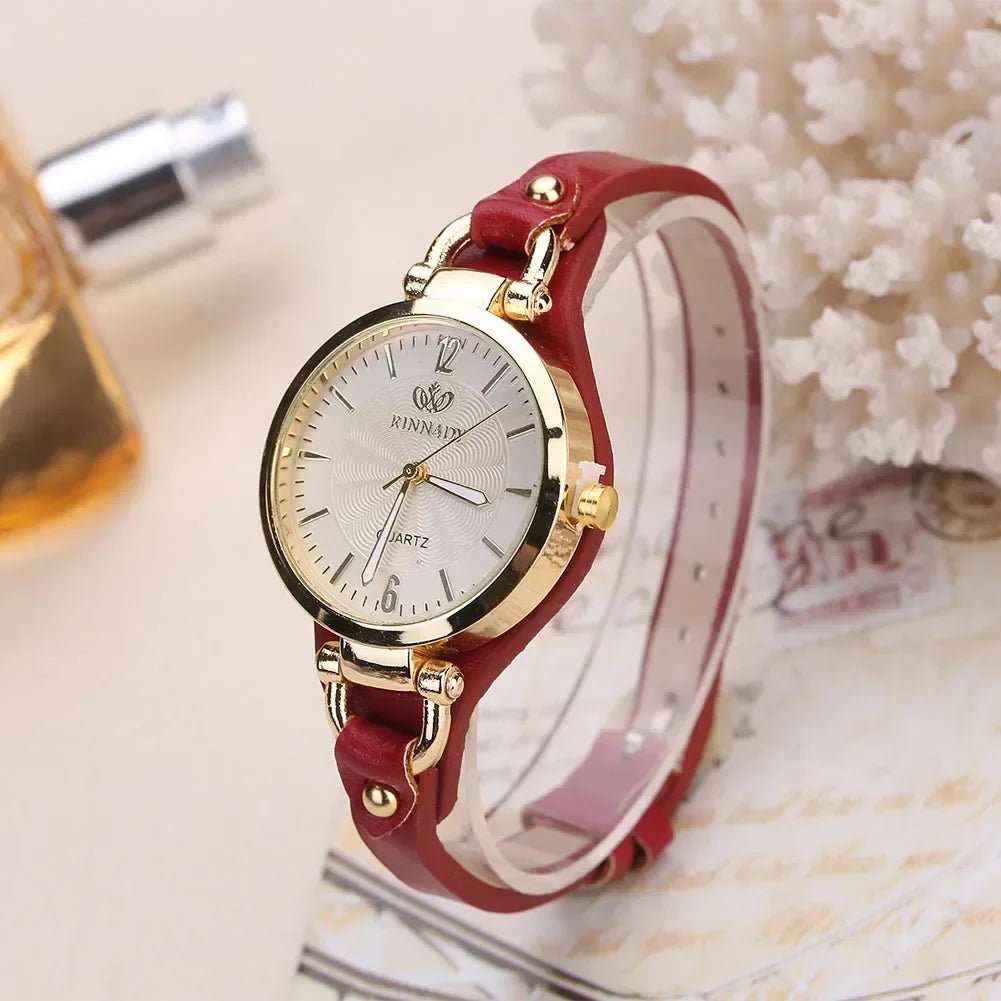 Liora Watch with Gold-Tone Case, Textured Dial and Slim Vegan Leather Strap, Japanese Quartz Movement - Hommfer