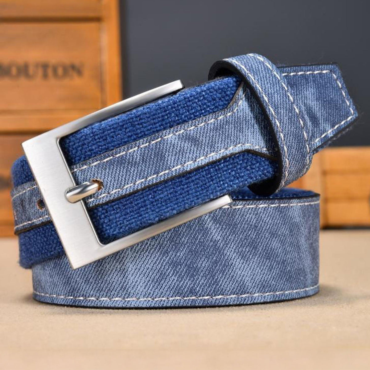 Marceau Ceinture réversible en denim lourd à boucle en métal solide avec coutures renforcées - Hommfer