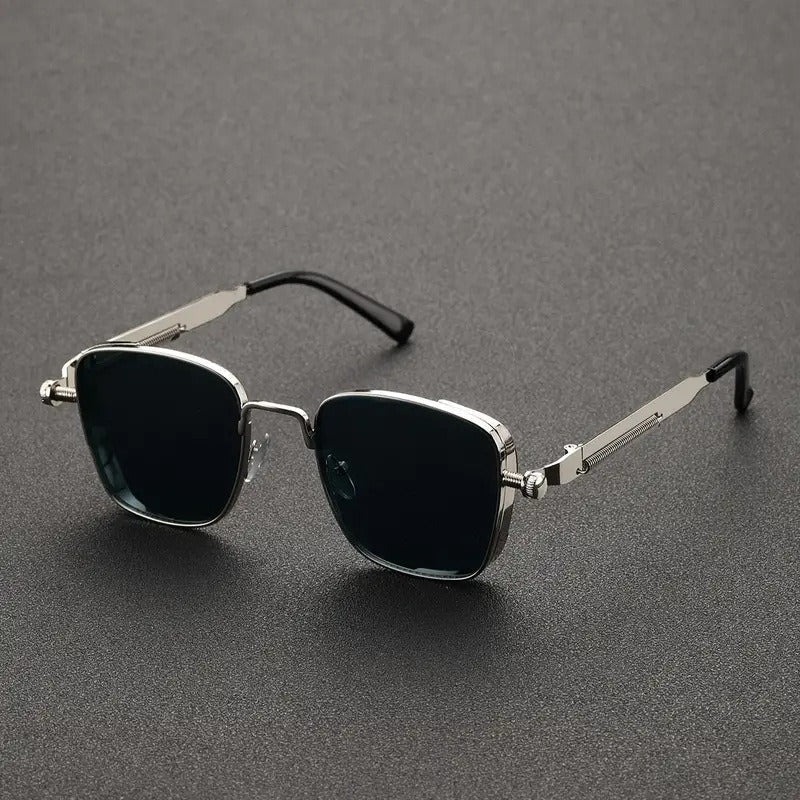 Marceau Lunettes de soleil carrées en métal avec verres miroir anti‑éblouissement UV400 et branches à ressort - Hommfer