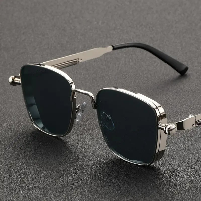 Marceau Lunettes de soleil carrées en métal avec verres miroir anti‑éblouissement UV400 et branches à ressort - Hommfer