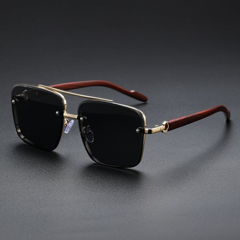 Marceau Lunettes de soleil carrées en métal doré poli avec branches en bois et protection UV400 - Hommfer