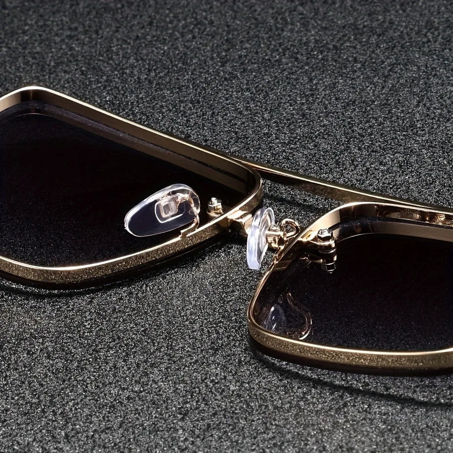 Marceau Lunettes de soleil carrées en métal doré poli avec branches en bois et protection UV400 - Hommfer