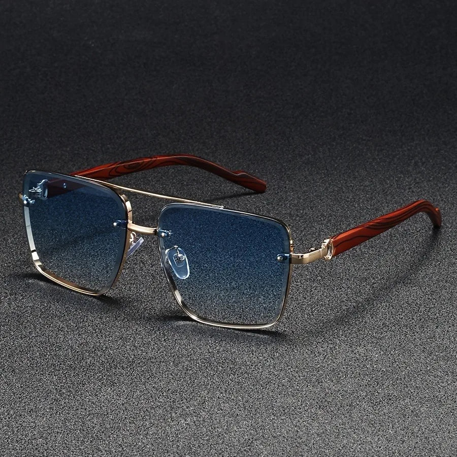 Marceau Lunettes de soleil carrées en métal doré poli avec branches en bois et protection UV400 - Hommfer