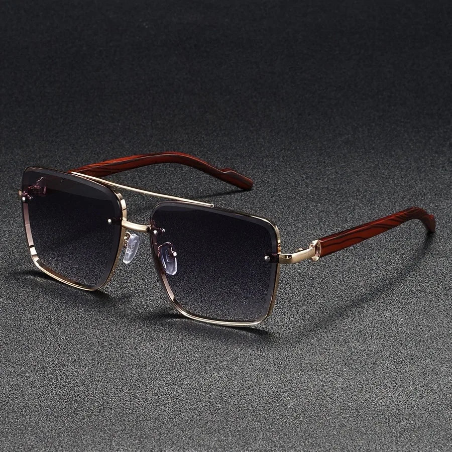 Marceau Lunettes de soleil carrées en métal doré poli avec branches en bois et protection UV400 - Hommfer