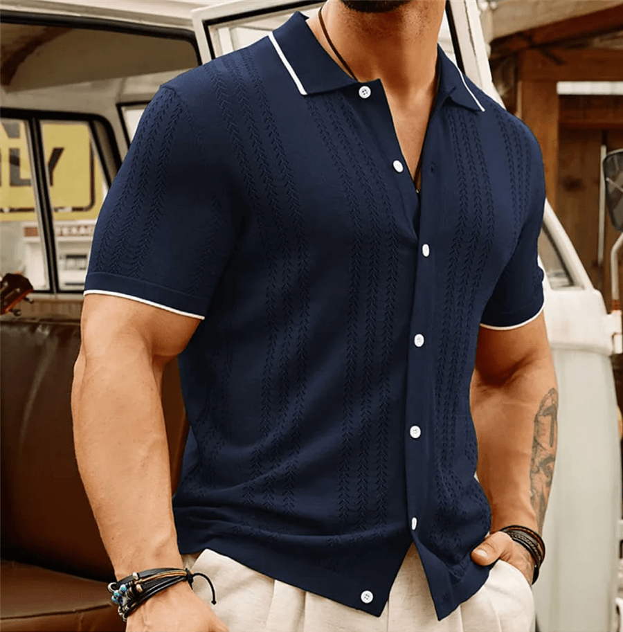 Marceau Polo en maille de viscose texturée à rayures verticales avec col boutonné pour le quotidien - Hommfer