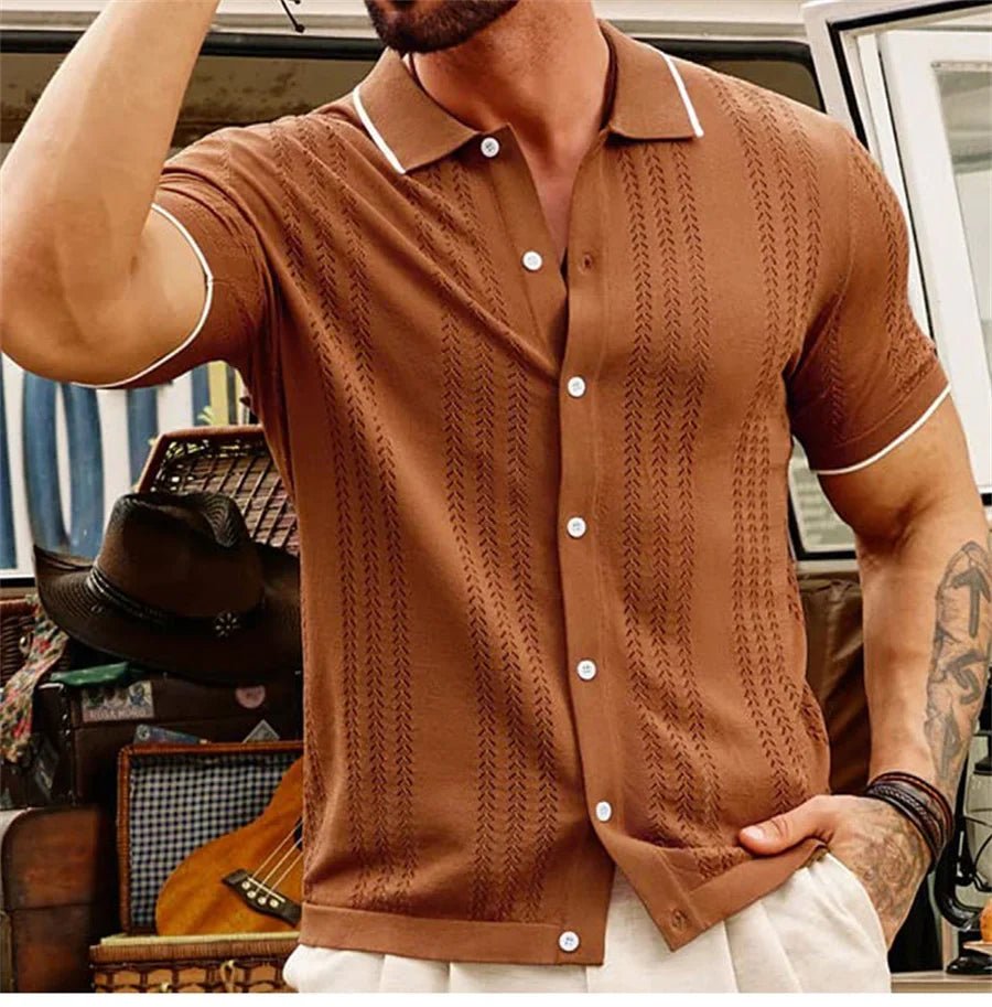 Marceau Polo en maille de viscose texturée à rayures verticales avec col boutonné pour le quotidien - Hommfer