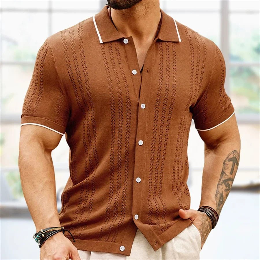 Marceau Polo en maille de viscose texturée à rayures verticales avec col boutonné pour le quotidien - Hommfer