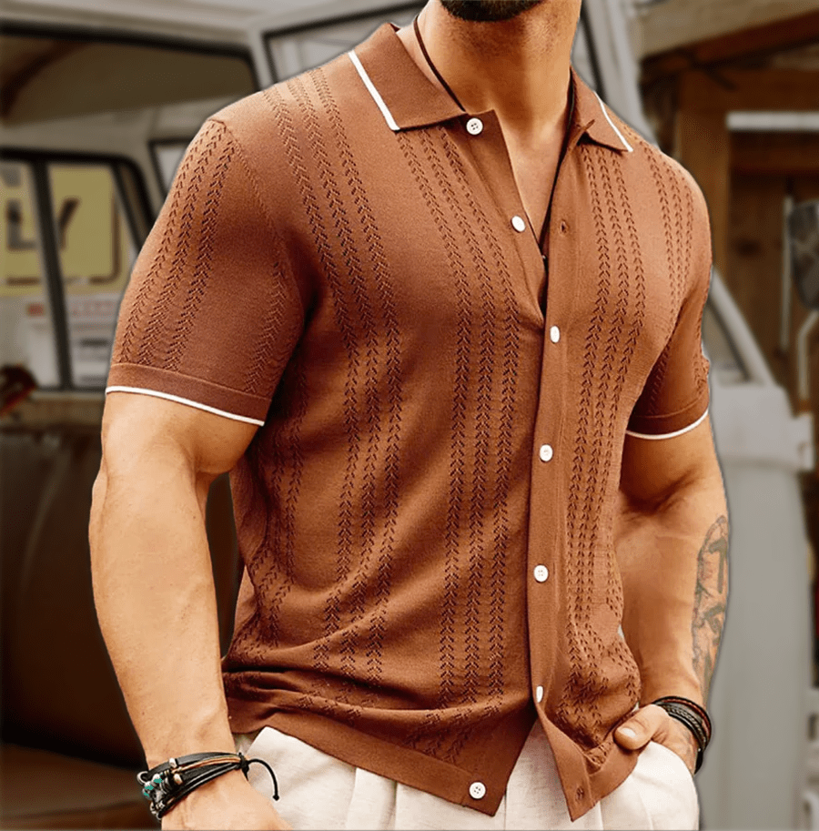 Marceau Polo en maille de viscose texturée à rayures verticales avec col boutonné pour le quotidien - Hommfer