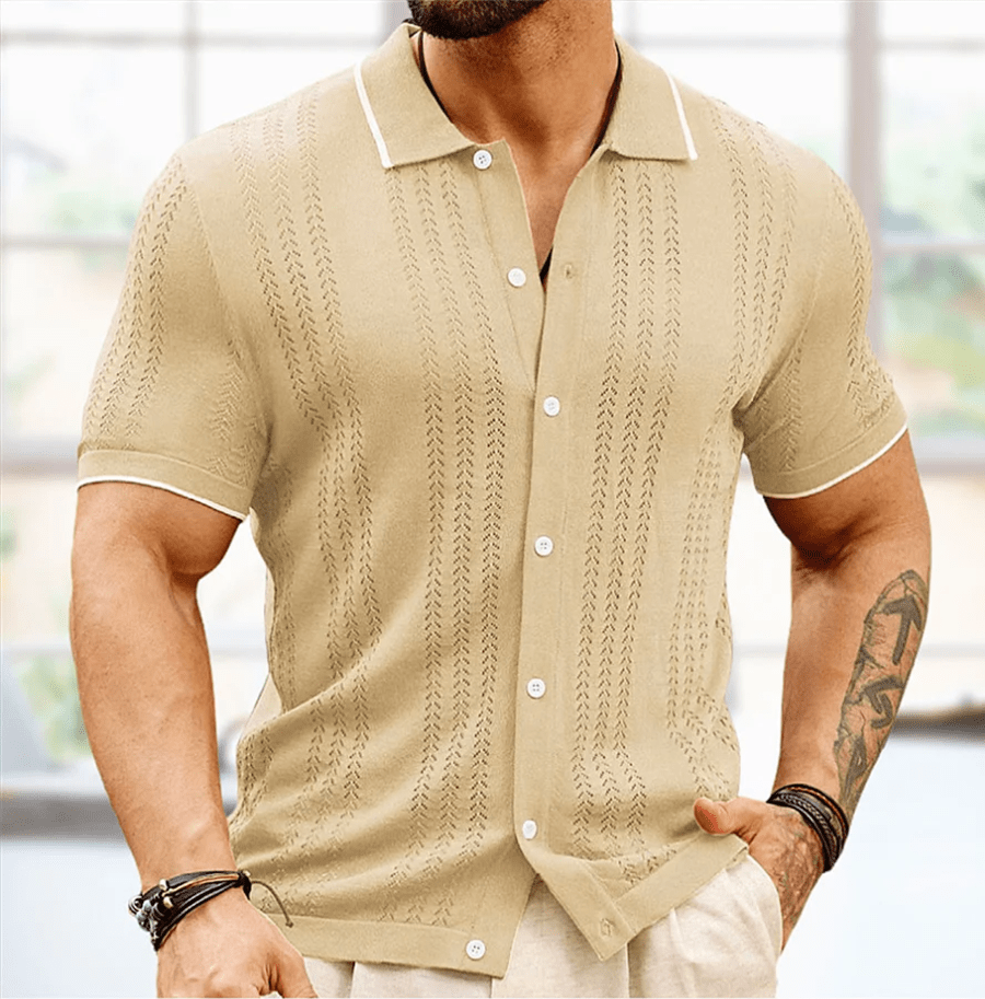 Marceau Polo en maille de viscose texturée à rayures verticales avec col boutonné pour le quotidien - Hommfer