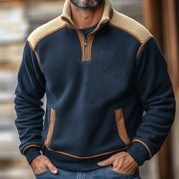 Marceau Pull à col montant zippé en mélange de coton avec patchwork rétro pour l’hiver - Hommfer