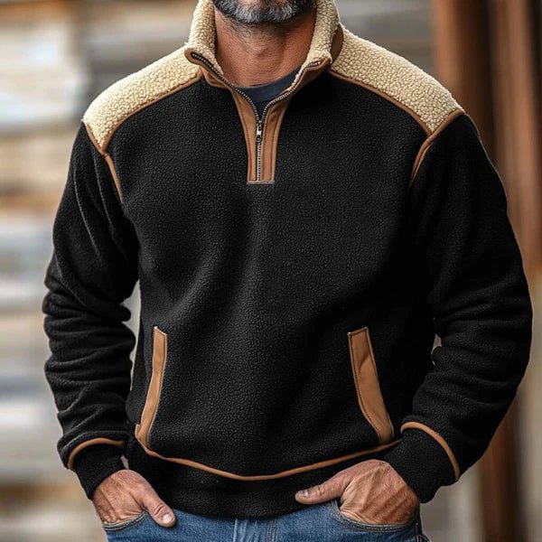Marceau Pull à col montant zippé en mélange de coton avec patchwork rétro pour l’hiver - Hommfer