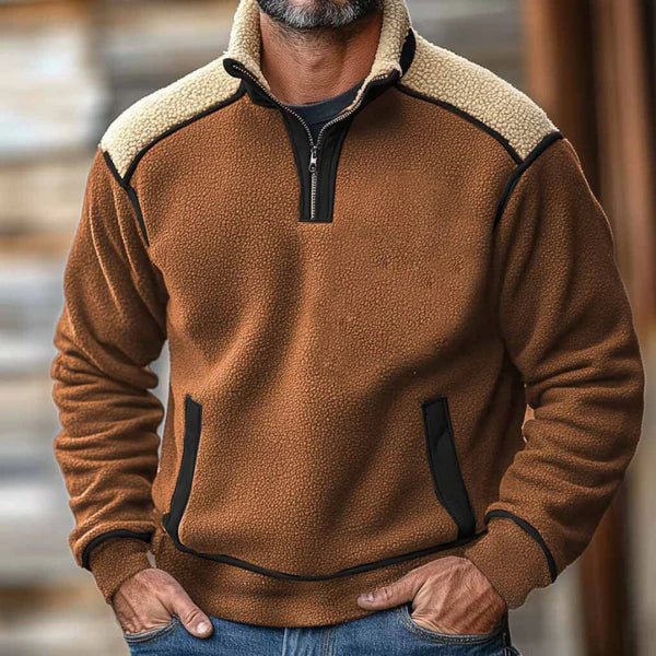 Marceau Pull à col montant zippé en mélange de coton avec patchwork rétro pour l’hiver - Hommfer