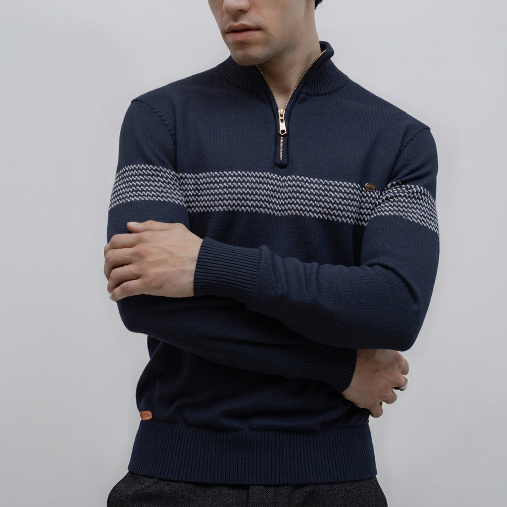 Marceau Pull en coton bio à col zippé doré avec rayure tissée, chaud et respirant - Hommfer