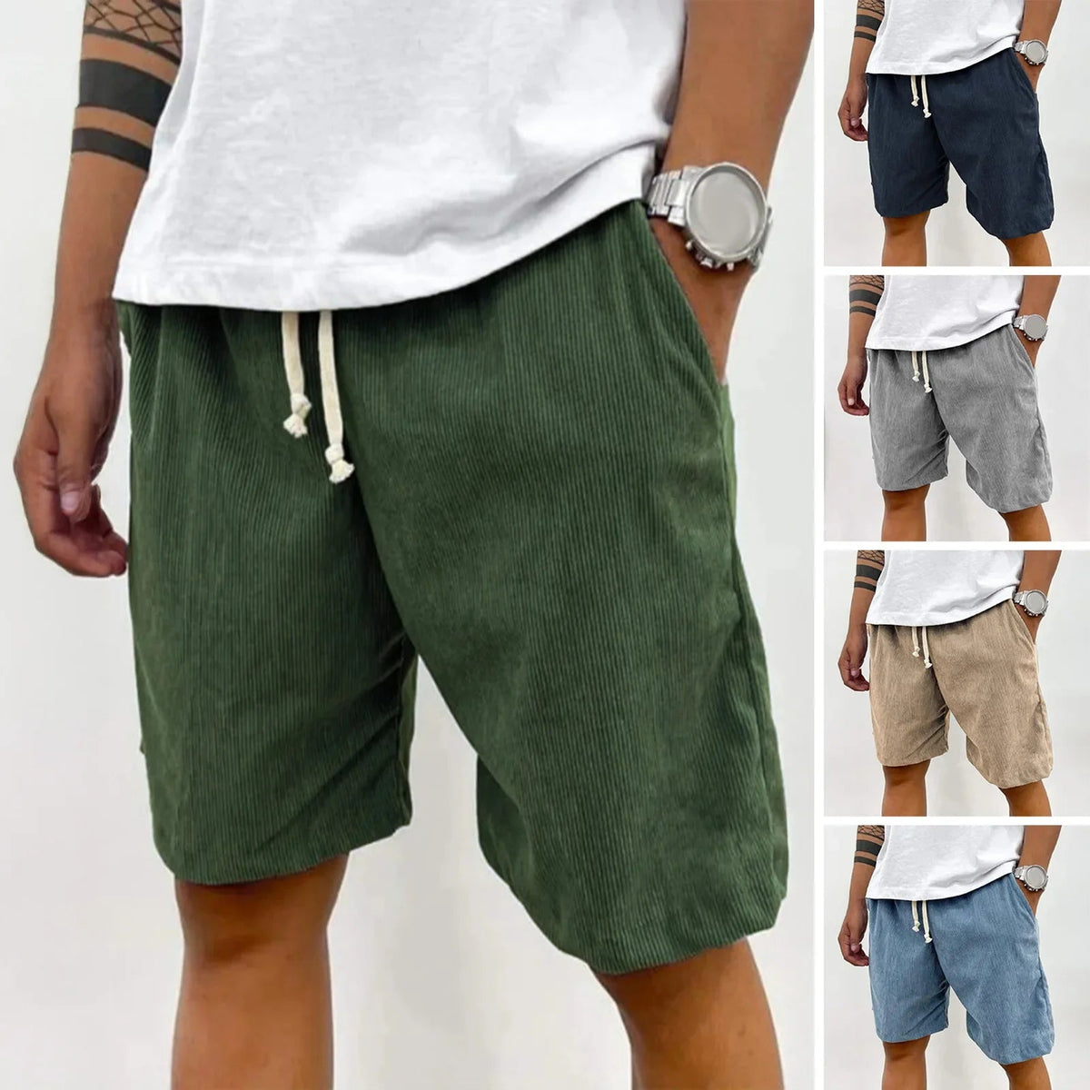 Marceau Short pour homme 100 % velours côtelé léger à cordon de serrage avec poches fonctionnelles - Hommfer