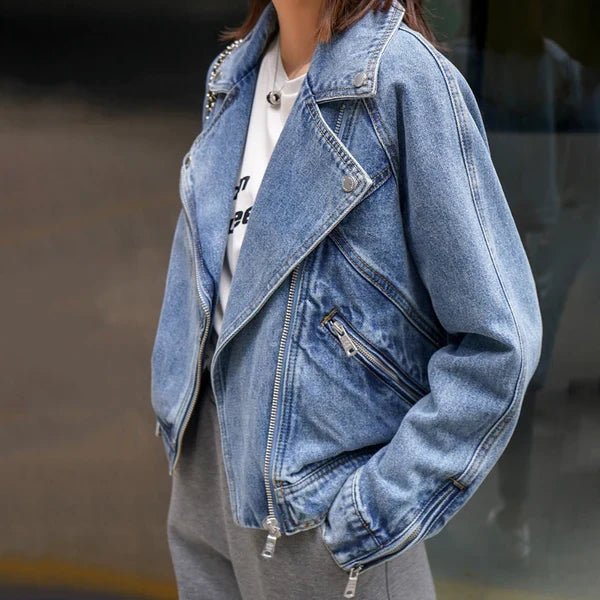 Marceau Veste en Denim 100 % à Zip Asymétrique Style Motard, Coupe Décontractée - Hommfer