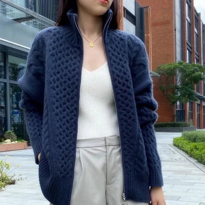 Maren Gilet zippé en cachemire à col roulé maille torsadée épaisse pour l’hiver coupe oversize - Hommfer