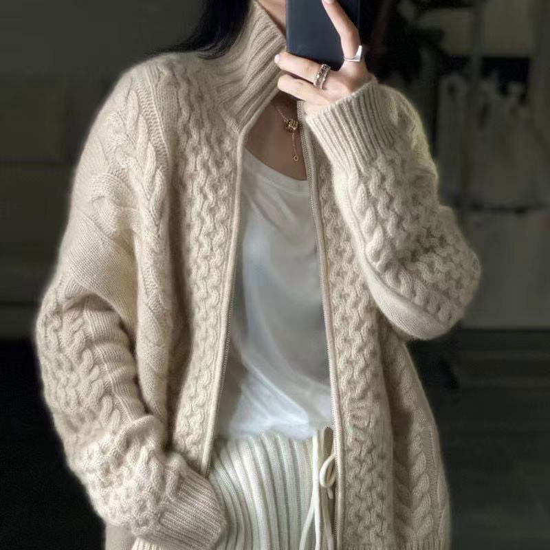Maren Gilet zippé en cachemire à col roulé maille torsadée épaisse pour l’hiver coupe oversize - Hommfer
