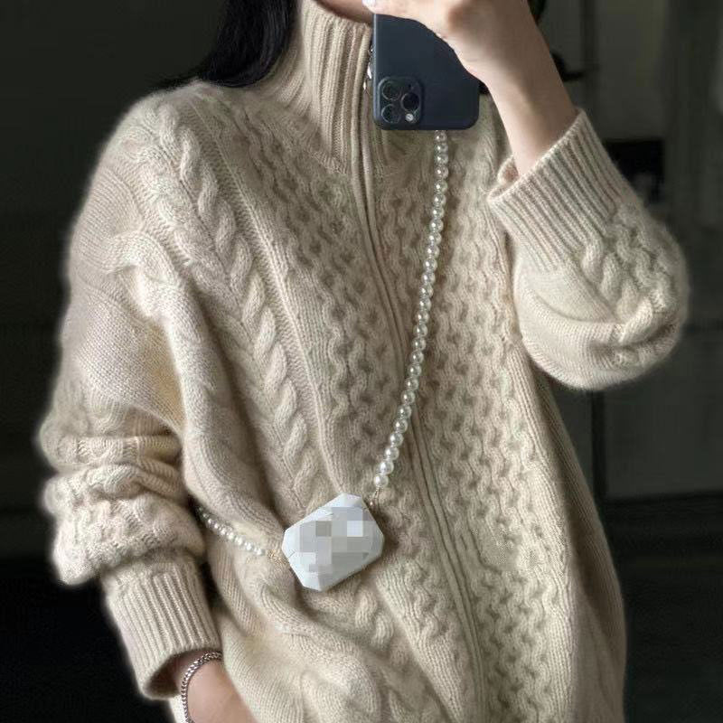 Maren Gilet zippé en cachemire à col roulé maille torsadée épaisse pour l’hiver coupe oversize - Hommfer