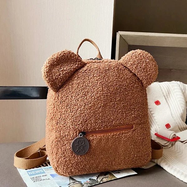Milo Sac à dos en peluche douce avec oreilles d’ours et poche avant zippée pour les sorties - Hommfer