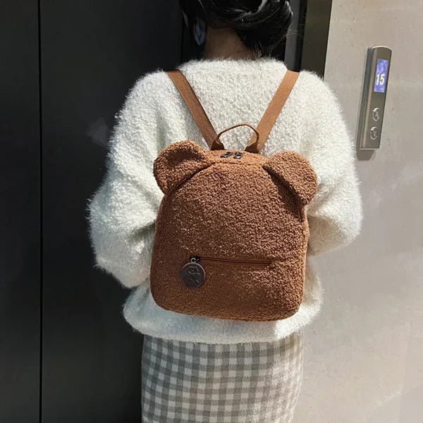 Milo Sac à dos en peluche douce avec oreilles d’ours et poche avant zippée pour les sorties - Hommfer