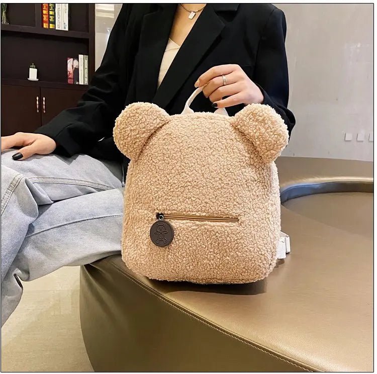 Milo Sac à dos en peluche douce avec oreilles d’ours et poche avant zippée pour les sorties - Hommfer