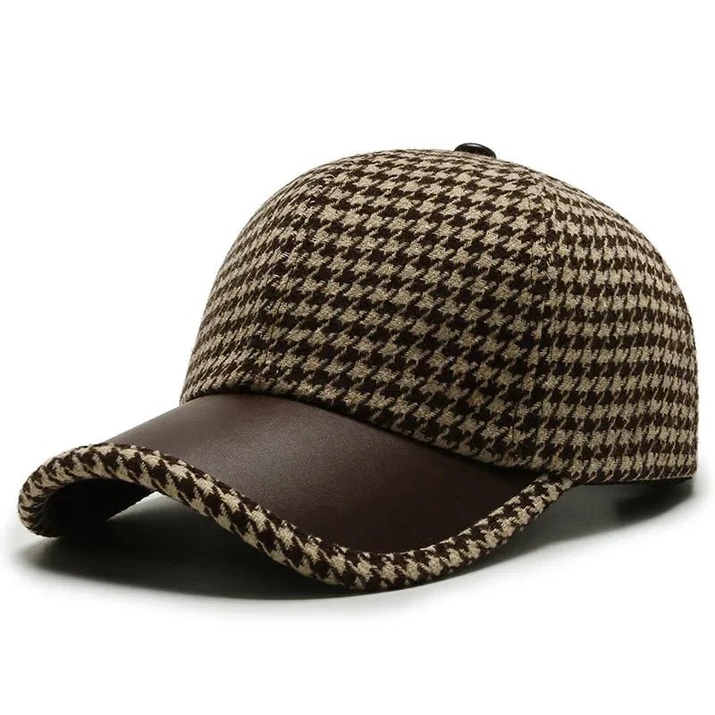 Monceau Casquette en laine pied-de-poule avec visière en cuir véritable réglable pour un ajustement personnalisé - Hommfer