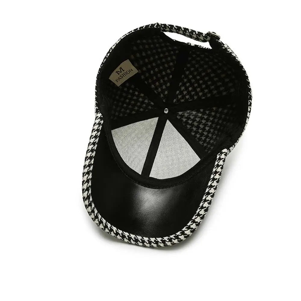 Monceau Casquette en laine pied-de-poule avec visière en cuir véritable réglable pour un ajustement personnalisé - Hommfer