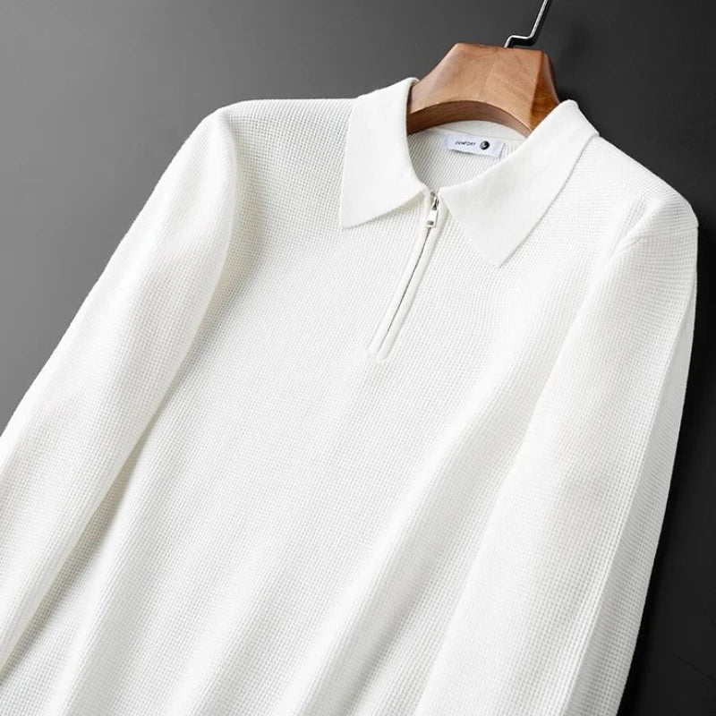 Nolan Pull à col zippé en maille gaufrée en mélange de coton respirant pour le quotidien - Hommfer