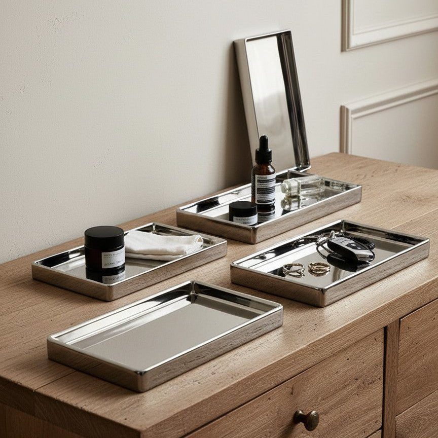 Plateau rectangulaire en céramique finition argentée pour centre de table, 4 tailles de 10x20 à 20x30 cm - Hommfer