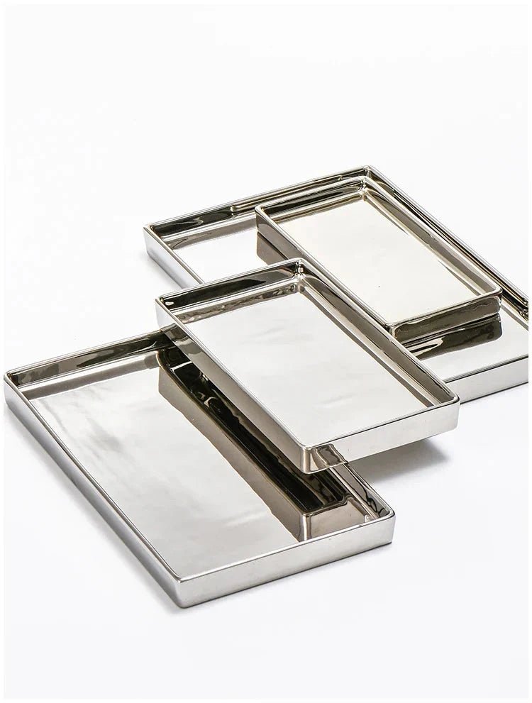Plateau rectangulaire en céramique finition argentée pour centre de table, 4 tailles de 10x20 à 20x30 cm - Hommfer