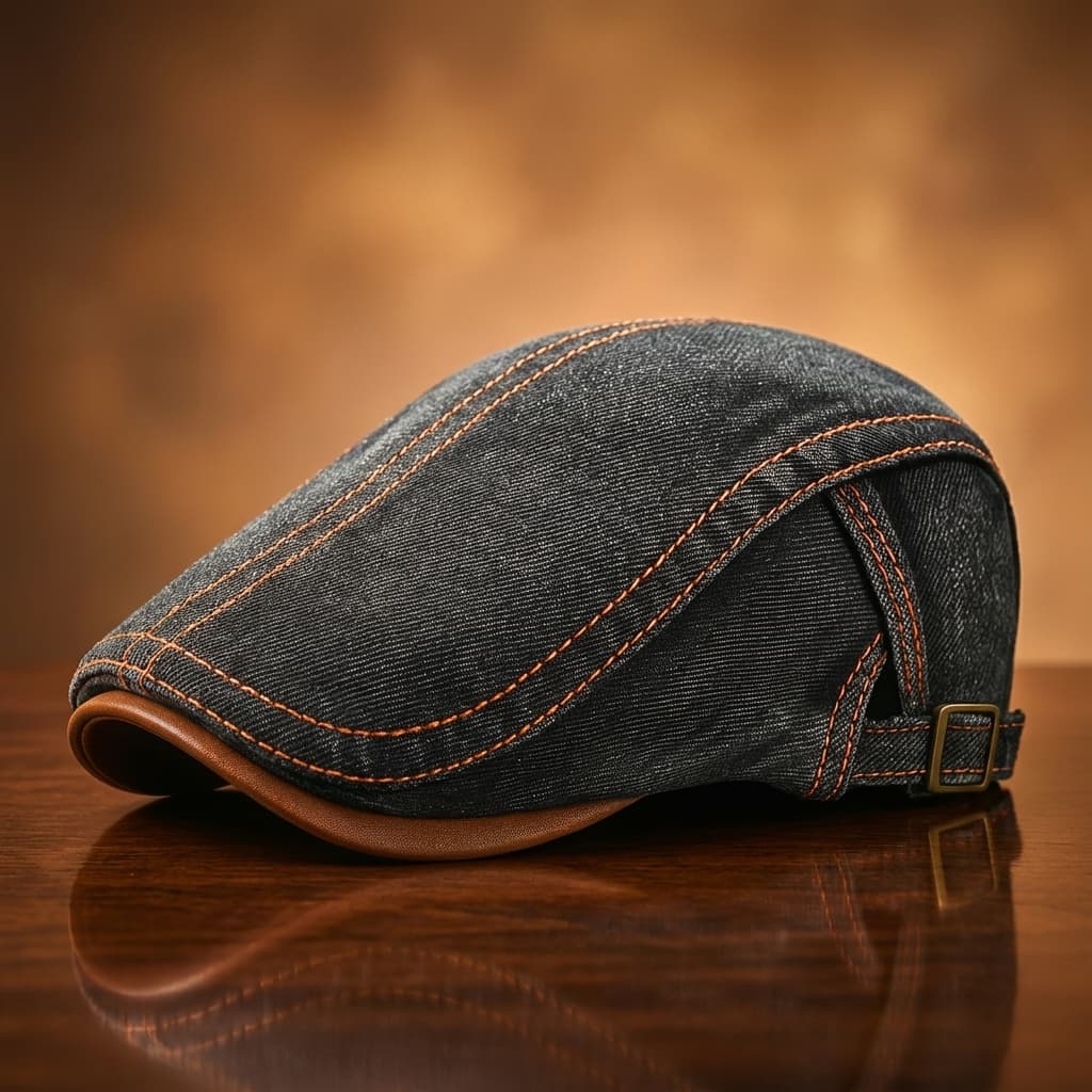 Rowan Flat Cap in Cotton Denim with Adjustable Back Strap and Lined Interior - Hommfer