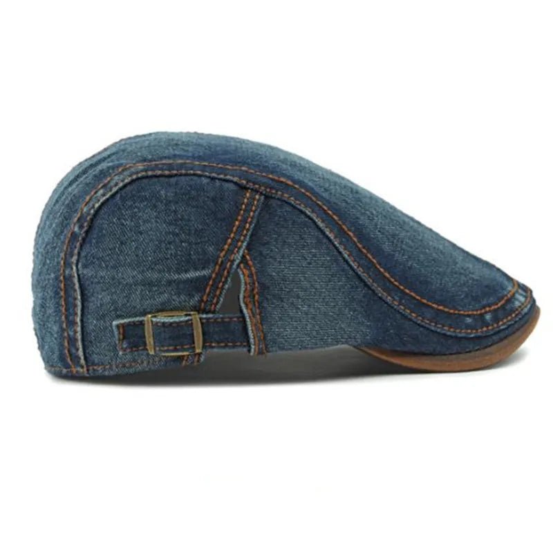Rowan Flat Cap in Cotton Denim with Adjustable Back Strap and Lined Interior - Hommfer
