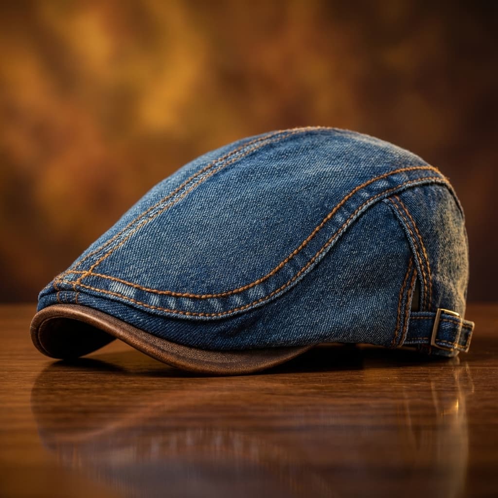 Rowan Flat Cap in Cotton Denim with Adjustable Back Strap and Lined Interior - Hommfer